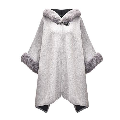 ZLYC Women Winter Fashion Faux Fur Trim Layers Hooded Cardigan Warm Cape Sweater Cloak