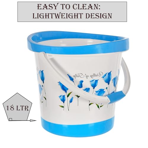 Image of Kuber Industries Bucket for Bathroom 18 Litre | Bucket for Kitchen | Balti for Bathing with Handle | Bucket for Washing Clothes & Mopping | Tulip Flower-Blue