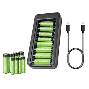 Amazon Basics Rechargeable NiMh Battery with Bay Charger, 8 AAA 800mAh + 8 AA 2000mAh, No AC Power Adapter, USB C Port, Pack of 16, Black