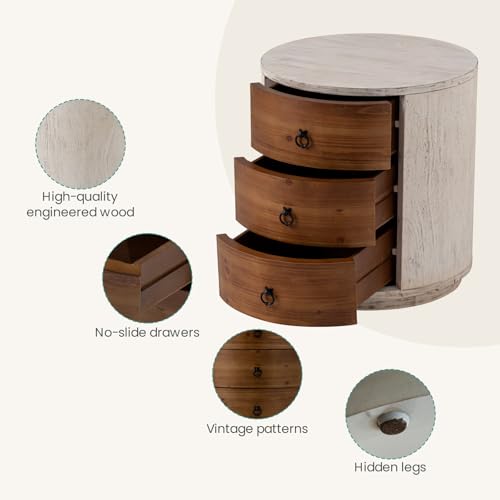 Image of SUNBURY Round Night Stand Set of 2, Farmhouse Bedside Table, Farmhouse End Table, Vintage Wood Nightstand with Drawers, Round Accent Table for Living Room, Bedroom, No Assembly Required