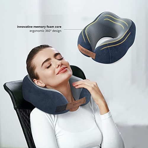 Neck Travel Pillow + Sleep Eye Mask + Ear Plugs + Bag, Soft Memory Foam, Blue Cover Washable | Journey Accessories Set: Airplane Car Bus Train Travelling Camping Gift Plane Flight Man Women Kids