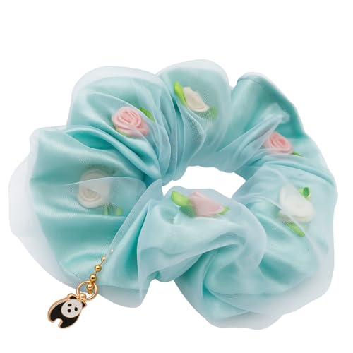 dreamers panda - Lot de 4 chouchous en satin et tulle avec fleurs | Scrunchie Handmade | Élastiques pour cheveux femme et fille | Chouchou Premium | Blanc, rose, bleu et lilas.