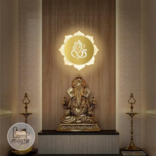 Image of Flower Ganpati LED Wall Light - Gold & Frosted Acrylic | 23cm | Warm White | Ideal for Temple, Living Room, Bedroom, Pooja Room, Mandir, Shops, Hotel (Flower - Ganesh - Gold)