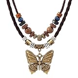 Boho Necklace for Women,Vintage Butterfly Pendant Necklaces,Adjustable Wooden Beads Layered Braided Choker,Fashion Tribal Style Leather Rope Necklace Jewelry,Chunky Statement Gift for Women (Brown)