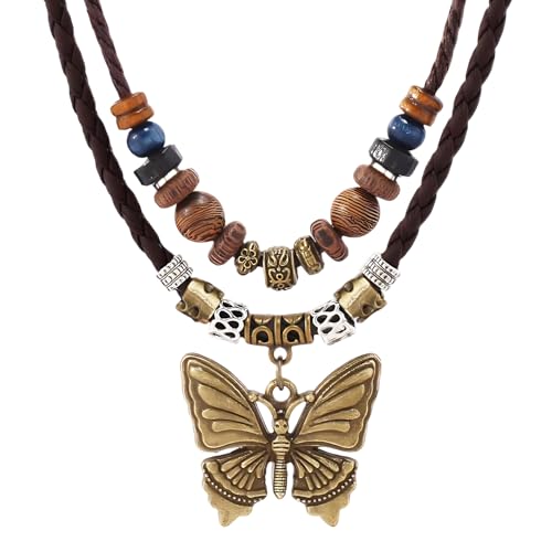 Boho Necklace for Women Vintage Butterfly Pendant Necklaces Adjustable Wooden Beads Layered Braided Choker Fashion Tribal Style Leather Rope Necklace Jewelry Chunky Statement Gift for Women (Brown)