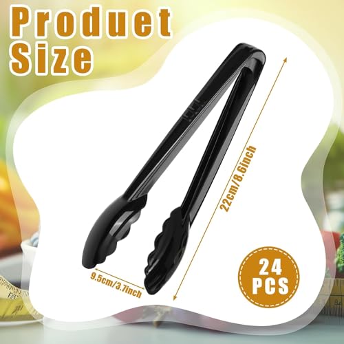 24 Pc Plastic Tongs for Serving 9 Inch Bulk Reusable or Disposable Tongs Heavy Duty Hard Plastic Serving Utensils Set Large Salad Tong for Kitchen Party Food Buffet Appetizer BBQ Event Catering(Black)