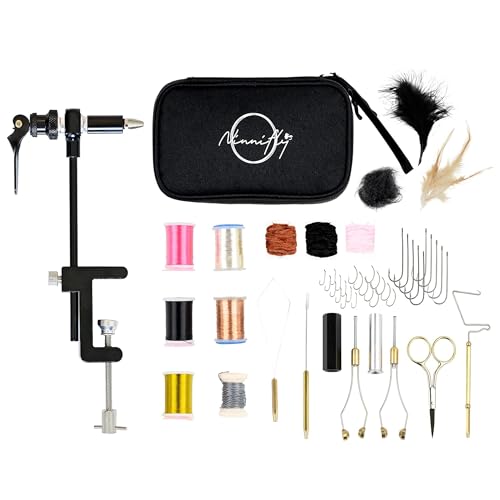 Fly Tying Kit & Rotary Fly Tying Vise for Beginners - Fly Tying Materials Kit w/60 Hooks & Travel Case | Fly Fishing Starter Kit w/Instructions | Complete Fly Tying Tools | Fly Fishing Accessories