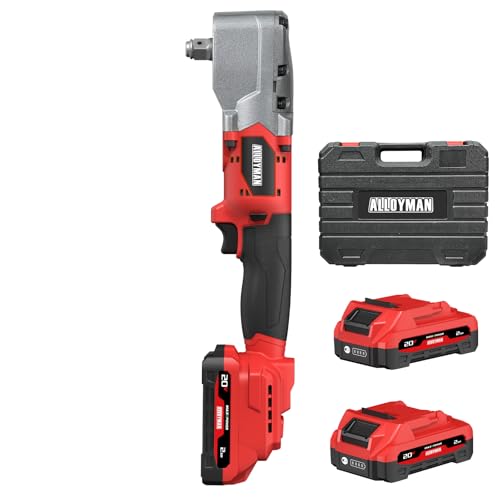 Alloyman 20V Brushless Right Angle Impact Wrench, 207 Ft-lbs（280N.M）,1/2'' High Torque Cordless Power Tool with 2×2.0Ah Batteries, LED Light, 2-Speed Control, Compact 90° Design for Tight Spaces