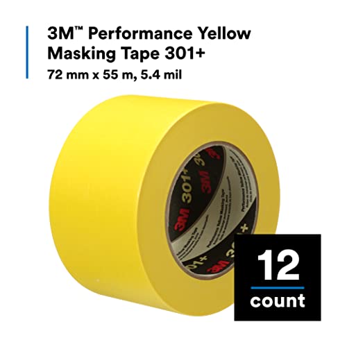 Image of 3M 301+ High Performance Masking Tape, Yellow, 3 in x 60 yds - High Performance Holding and Masking Tape for Automotive, Speciality Vehicle and Industrial Markets, Case of 12