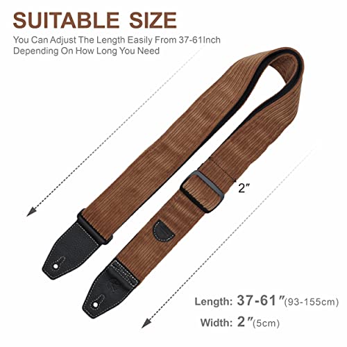Yikoko Guitar Strap, 2" Corduroy Full Grain Leather End Guitar Straps For Bass, Electric And Acoustic Guitars, Complimentary Strap Button, 1 Pair Of Strap Locks And 4 Guitar Picks - Caramel Brown #TOP6