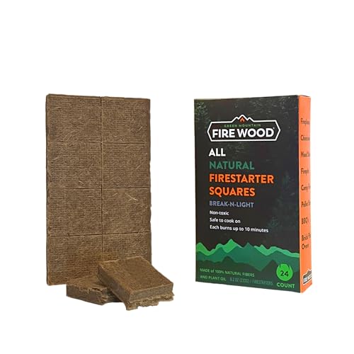 Green Mountain Firewood All Natural Firestarter Squares - 24 ct - Break-N-Light - Non-Toxic - Safe to Cook On - Each Square Burns up to 10 Minutes