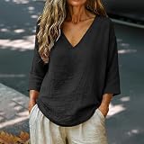 YOLAI Linen Blouses for Women Black XL - 3/4 Sleeve V Neck Plus Size Gauze Shirts Blouses Dressy Casual Tunic Loose Oversized Summer Seniors Clothes
