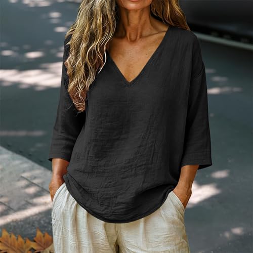 YOLAI Linen Blouses for Women Black XL - 3/4 Sleeve V Neck Plus Size Gauze Shirts Blouses Dressy Casual Tunic Loose Oversized Summer Seniors Clothes