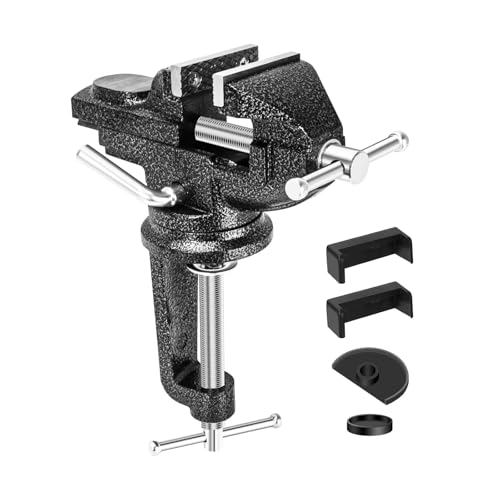 Image of Wiselifetech Table Vise 3 Inch Bench Vise Heavy Duty Clamp-On Vice with Anvil,360° Swivel Base Portable Clamps Tools for Workbench,Woodworking,Cutting Conduit,Drilling,Sawing,Metalworking,Craft,DIY