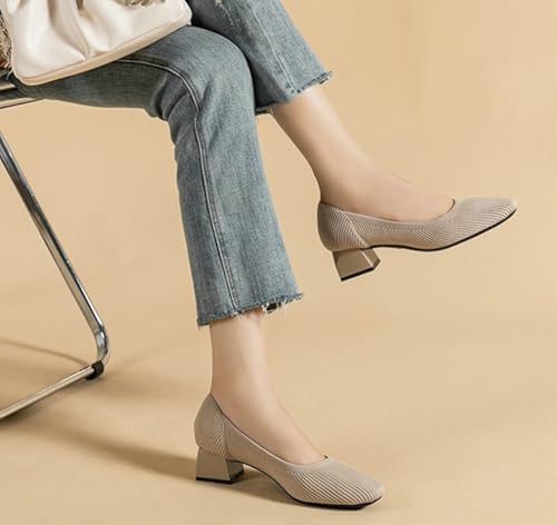 Women's Pumps Low Chunky Block Heels Knit Square Closed Toe Block Heeled Casual Comfortable Dress Shoes3