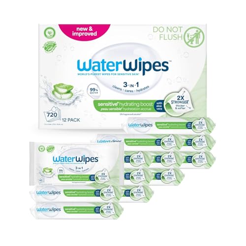 Image of WaterWipes Hydrating Clean Baby Wipes, 99% Water-Based Formula with Aloe Vera to Hydrate & Clean Skin, Unscented & Hypoallergenic, 12 Resealable Packs (720 Wipes)
