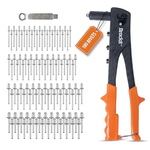 brackit Heavy Duty Rivet Gun Set with 100 Rivets in 4 assorted sizes - 2.4mm 3.2mm 4.0mm 4.8mm - Ergonomic Grip for Securing Metal and Wood Panels