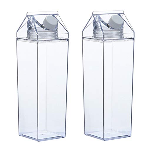 NJYBF 2 botellas de agua de cartón transparente de leche botella de plástico transparente botella de agua botella reutilizable botella portátil 500 ml/1000 ml para bebidas, zumo(transparente, 1000 ml) Cover