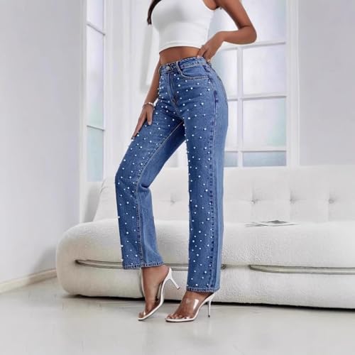 Women's high Waist Pearl Jeans Irregular Loose Straight Casual Jeans4