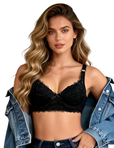 Image of ohmydear Women's Push Up Bras Plus Size Lace Underwire Thin Padded Bra Comfort Full Coverage Brassiere Black Ladies Everyday T Shirt Bras for Women UK 42E