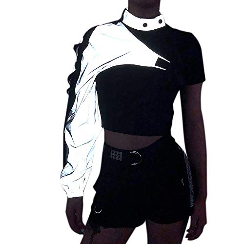 Women Sexy Reflective One Shoulder Buckle Top Long Sleeve Irregular Shirt For Rave Festival Party Gray #TOP1