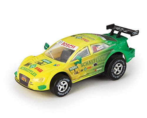 Lena 50383 Audi Darda RS 5 DTM Rockenfeller, car with Exchangeable Pull-Back Motor,for Racing Tracks, for Children from 5 Years, Approx. 8 cm, Yellow-Green