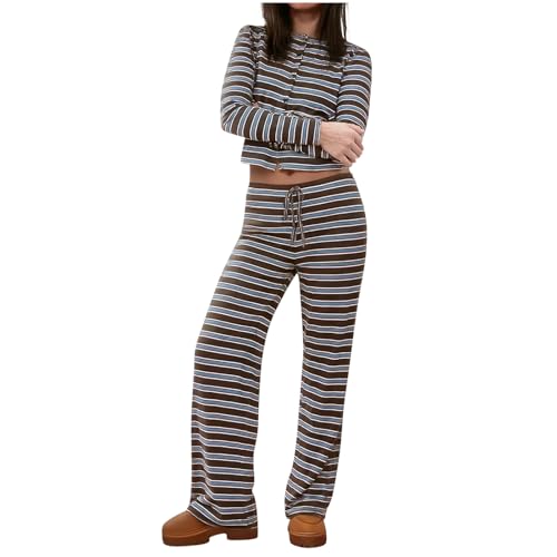 Image of Stripe 2 Piece Lounge Set for Women Ribbed Knit Outfits Striped Matching Tracksuit Button Long Sleeve Crop Top and Wide Leg Drawstring Pants Casual Lounge Set Casual Leisure Outfit