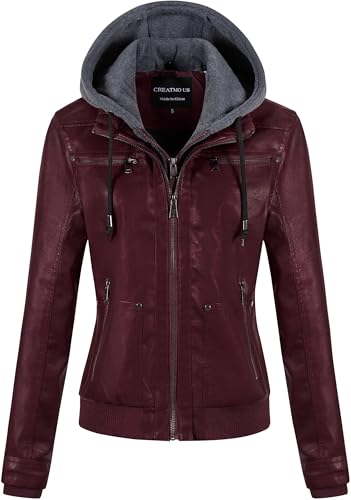 Image of CREATMO US Leather Jacket With Hood Fall Womens Faux Leather Zip Up Motorcycle Jacket Women Hooded Lightweight Leather Coat Burgundy 2XL