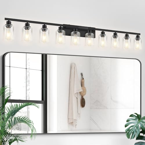 Image of 10 Light Bathroom Vanity Lights Over Mirror, 65.4inch Black Vanity Lights Fixtures Matte Black Modern Vanity Lights Black Bathroom Wall Lighting for Mirror Bedroom,Living Room
