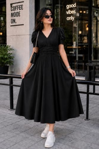 Image of Preneum Girl's & Women's Solid Color V-Neck A-Line Maxi Dress for Women | New Year Party Outfit | Waist Cinched Puff Sleeve Western | Elegant Casual Wear (Availble in Plus Size)