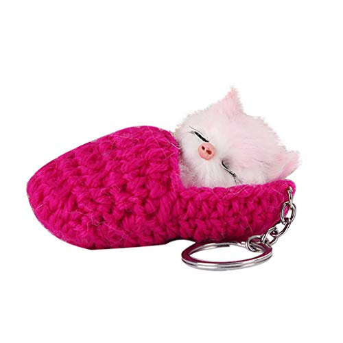 Preisvergleich Produktbild Gaddrt Schlüsselkette Schlüsselanhänger Für Kinder Schlüsselbund Niedlichen Temperament Schlaf Kätzchen Hairball Keyring Woolen Hausschuhe Katze Anhänger 5x9cm (Hot Pink)