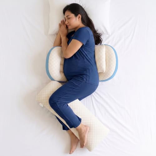 Image of OYO BABY Maternity Pillow Bundle | 4-Piece Full Body Pregnancy Pillow Set for Back, Belly, Hips and Leg Support | Adjustable Butterfly Design | Hypoallergenic Organic Cotton Cover - Blue