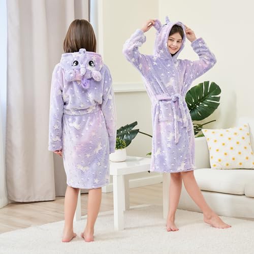 Girls Fleece Hooded Robes Soft Bathrobe for Kids - Glow in the Dark Unicorn Gifts for Girls, 3-14 Years3