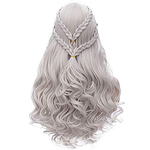 Mersi Silver Wigs for Khaleesi Costume Cosplay Daenerys Targaryen Wig Long Braided Hair Wigs for Party Halloween ( Silver ) S039S