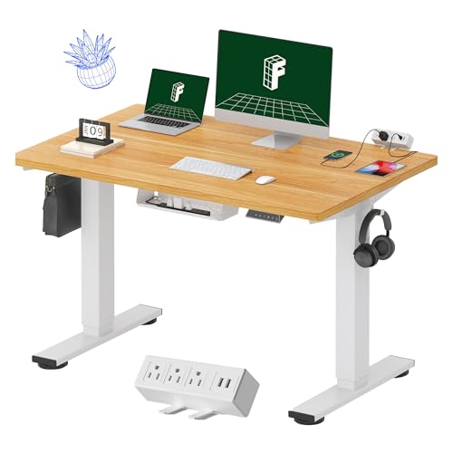 Image of FLEXISPOT EN2 Whole-Piece Standing Desk with Clamp Power Strip, 48 x 30 Electric Stand Up Height Adjustable Desk with Cable Management (White Frame + 48 inch Maple Top, 2 Packages)