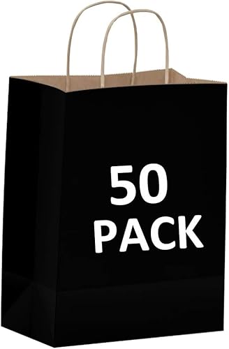 Qutuus Bolsas de regalo de papel negro con asas, 50 piezas de 8 x 4.75 x 10.5 pulgadas, bolsas de papel kraft negras con asas, bolsas de compras a