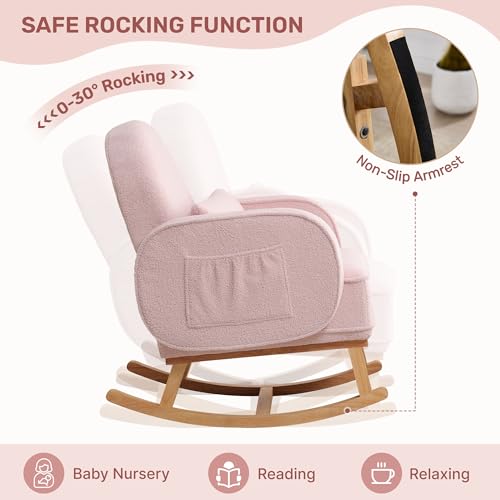 Image of HCHAIRH Rocking Chair Nursery with Ottoman, Upholstered Glider Rocker with High Backrest and Side Pocket, Rocking Accent Armchair with Solid Wood Legs for Nursery /Living Room /Bedroom Pink