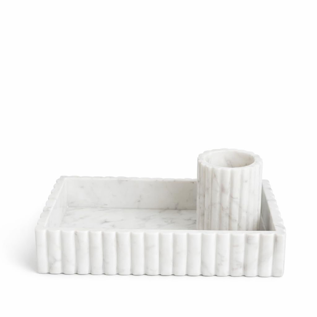 White Marble Vanity Tray with Brush Holder - Handmade -1