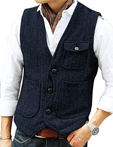 Mens Vest Casual Soft Wool Tweed Suit Vest Herringbone Waistcoat for Groosmen Best Man(Medium, Navy)
