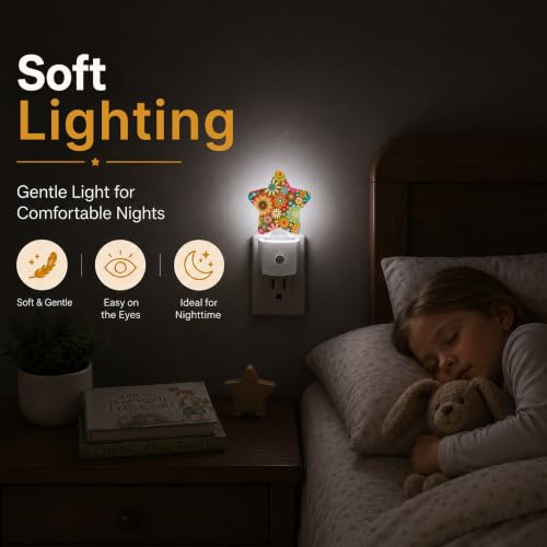 Image of Star Night Light with Dusk to Dawn Sensor, Mandala Flower Pattern Plug in Night Light for Kids Bedroom Nursery, Soft Warm Glow Lamp for Hallway Bathroom Energy Saving