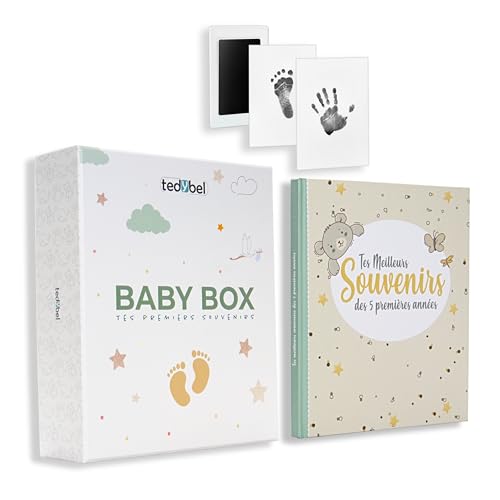 Tedybel – Coffret Souvenirs Bébé 3-en-1, Cadeau de Naissance Fille & Garçon, Livre des 5 Premières Années avec Photos et Textes + Kit Empreintes Sans Contact + Boîte à Souvenirs Luxueuse Rigide