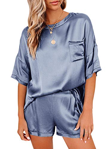 Lyaner Women's Satin Silky Pajamas Set Short Sleeve T-Shirt With Shorts Set Pjs Loungewear Dusty Blue Small #TOP23