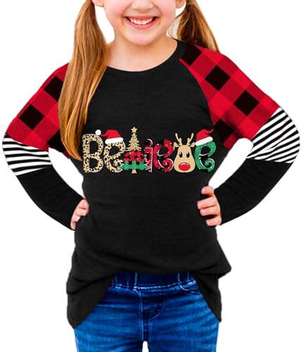 Image of BesserBay Girls Christmas Raglan Shirt Casual Leopard Stripe Patchwork Tunic Top 4-14 Years