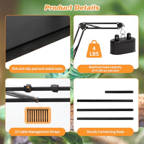 Dual Reptile Lamp Stand, 7.8-74.3\" Adjustable Heat Lamp Stand for Reptiles with Anti-Tip Clip and 360° Swing Arm, Metal Reptile Light Fixture Holder Bracket for Amphibian Snake Lizard Terrarium