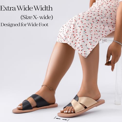 Image of Luoika Women's Wide Width Flat Slides Sandals, Strapy Slide Sandal Slip on Dressy Summer Shoes for Women.