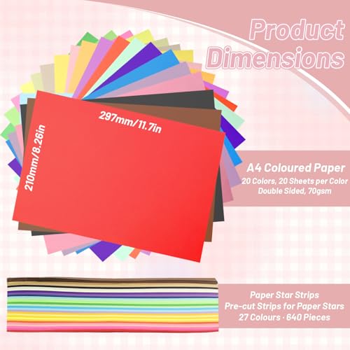 100 Blatt Buntes Papier A4 (70 g/m²,20 Farben) + 640 Papierstreifen für Sterne, Origami Papier Doppelseitig, Tonpapier A4 Bunt Bastelpapier für DIY, Kunst, Schule und Bastelprojekte