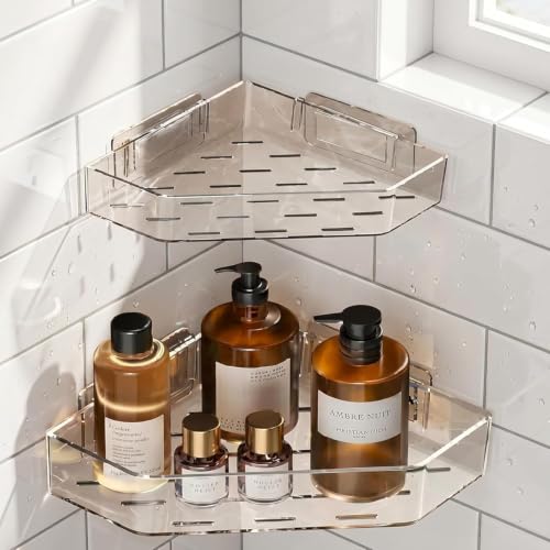 Image of Nieifi KIMEE Acrylic Corner Bathroom Shelf Organizer with Drain Holes - Transparent Triangle Storage Rack for Bathroom Counter, Kitchen Sink & Vanity Essentials, Space Saving Bath Caddy (Pack of 2)