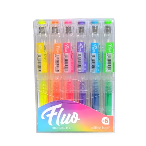 office box, Pack de Subrayadores Recargables Fluorescentes FLUO, el Marcador ecológico con la tinta más sólida, fluida y sorprendente, ideal para estuche. (Fluo Pack 6)