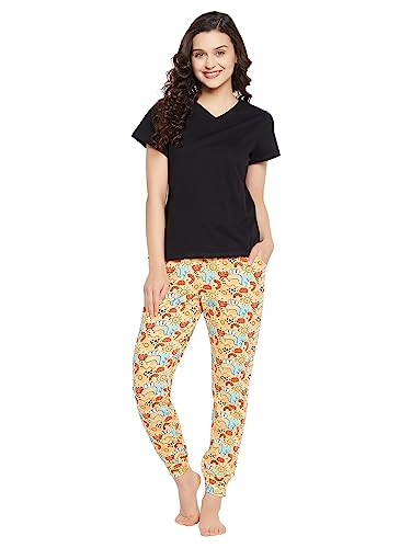 Image of Clovia Women's Cotton Chic Basic Top in Black & Print Me Pretty Pyjama in Black