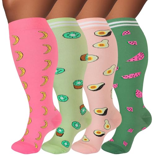 Image of Plus Size Compression Socks for Women & Men 4 Pairs, Wide Calf Extra Large 20-30 mmHg Knee High Support Socks for Travel, Running, Nurse